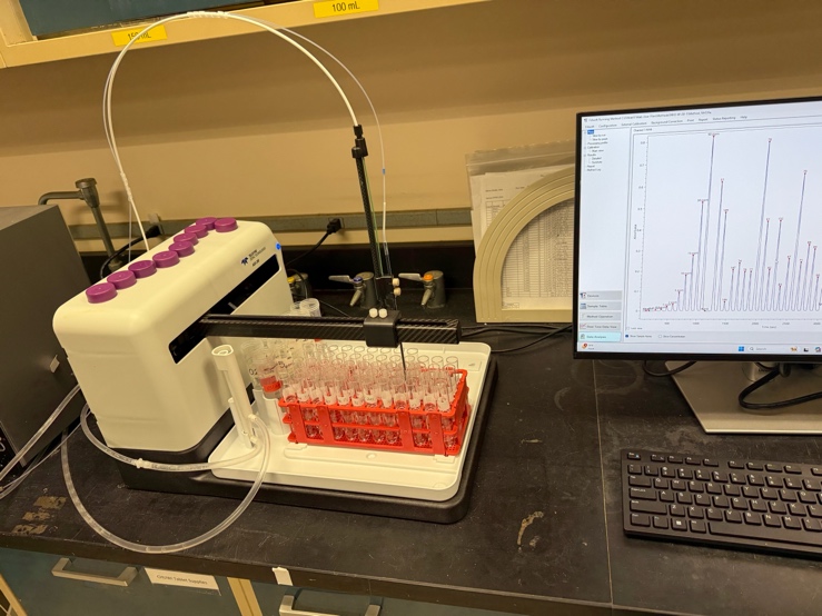 Flow injection analysis equipment used to measure ammonium in collected acid-trap samples